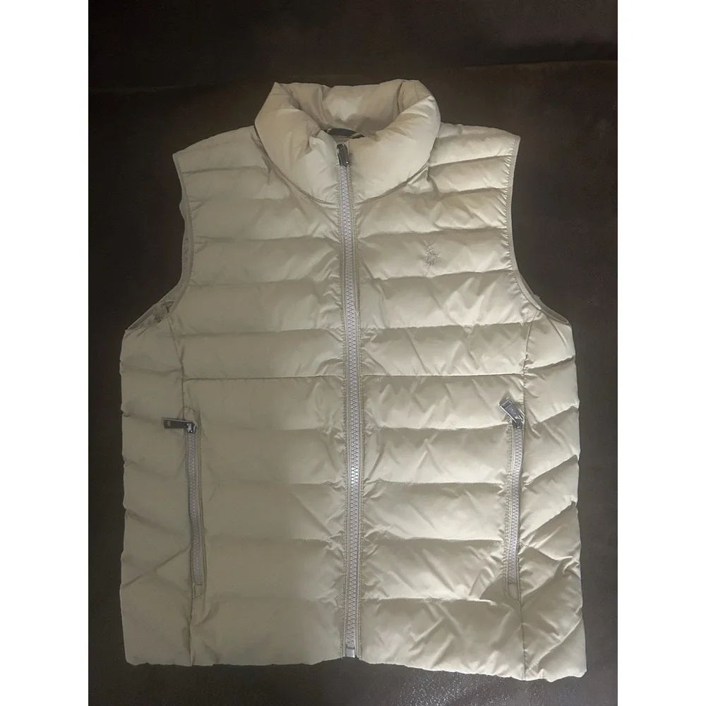 Polo Ralph Lauren Girls Vest 6 Beige Quilted  Puffer  M Full Zip Pony
